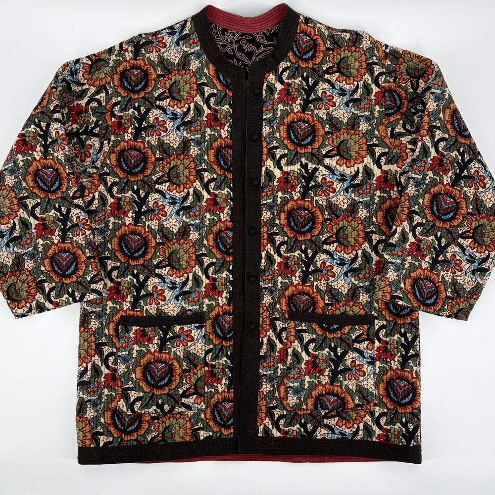 Reversible Quilted Jacket XL Floral Botanical Boho Chore Coat Asian Art to Wear - Picture 3 of 16